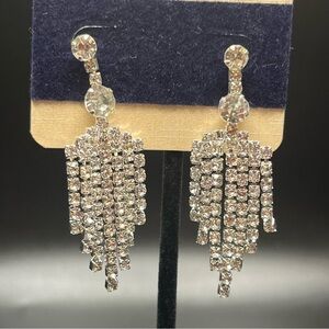Rhinestone Fringe Drop Earrings | Silver Tone | Sparkly Statement Dangles